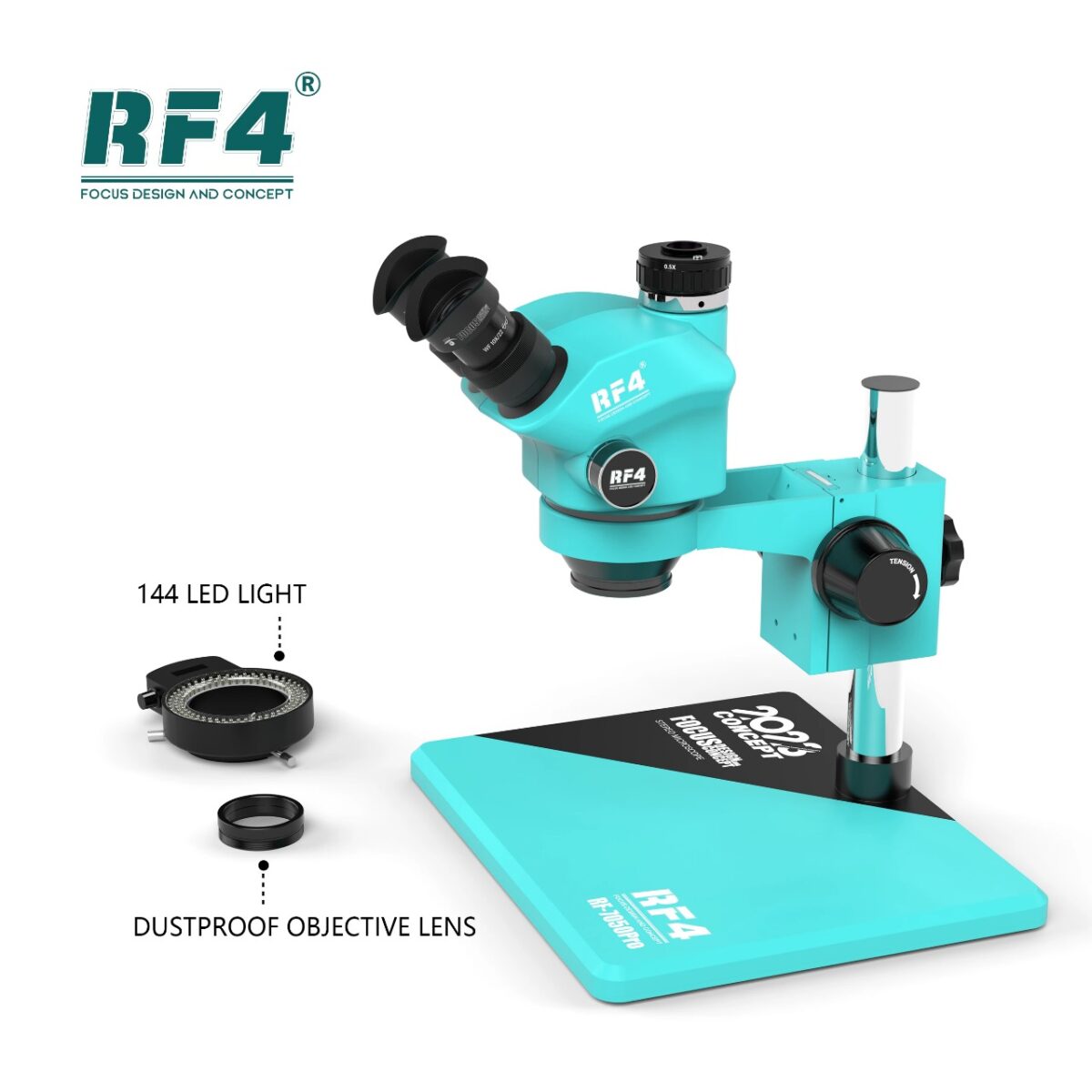 RF4 RF 7050 PRO 7X 50X SYNCHRONOUS ZOOM TRINOCULAR STEREO MICROSCOPE WITH ALUMINUM ALLOY BASE